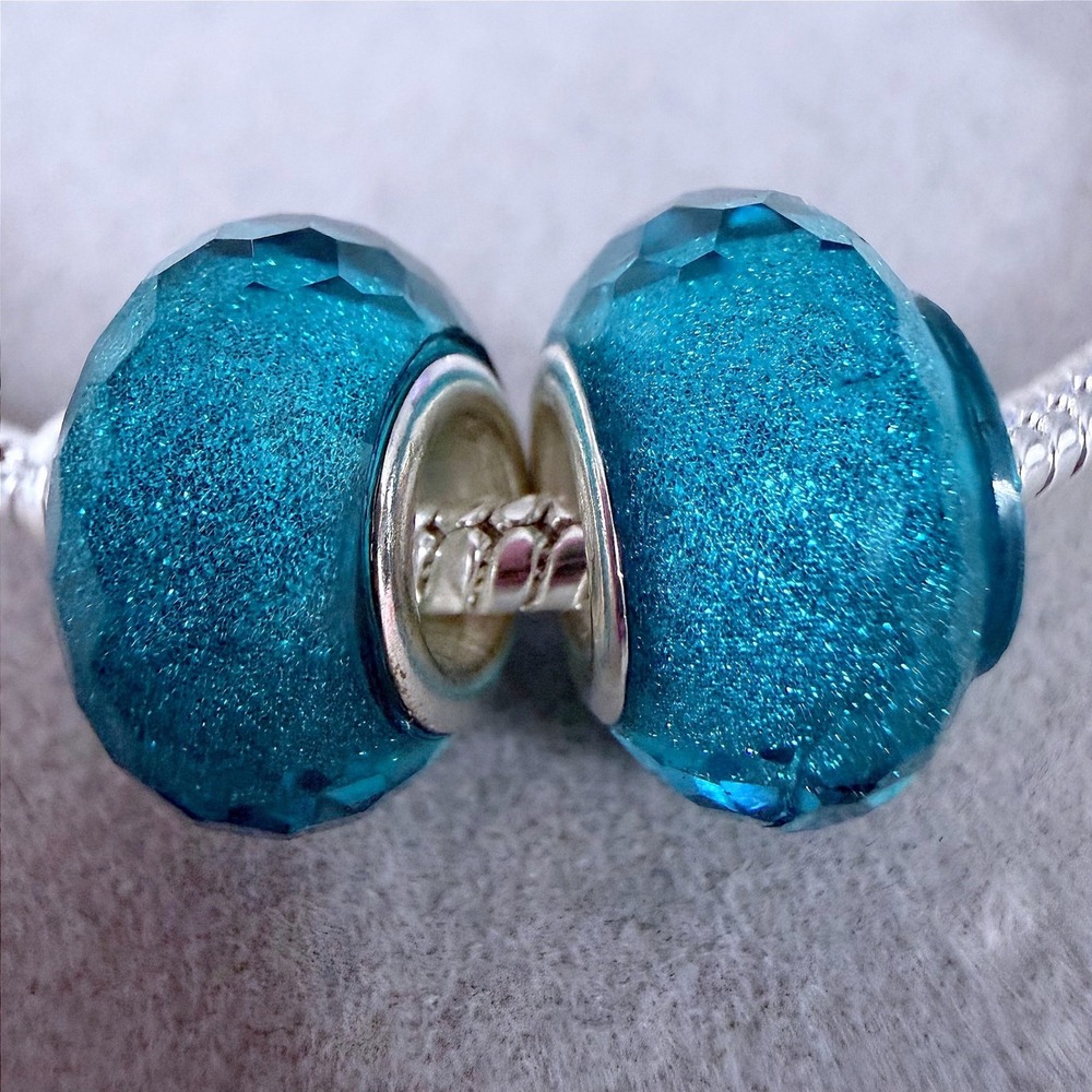 Set of 2 Teal Blue Faceted Glitter Glass Charms fits PANDORA